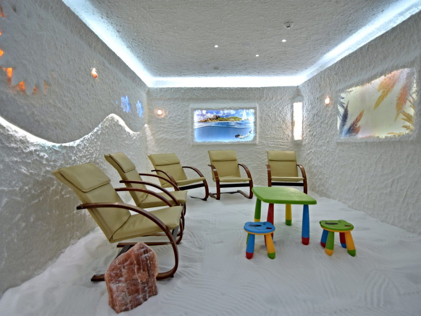 A clinical salt room with loungers
